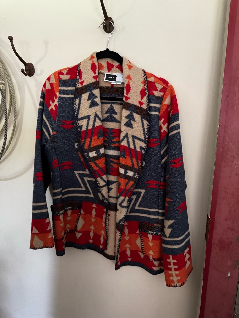 Southwestern Pattern Shawl Collar Jacket - Red, Navy & Tan